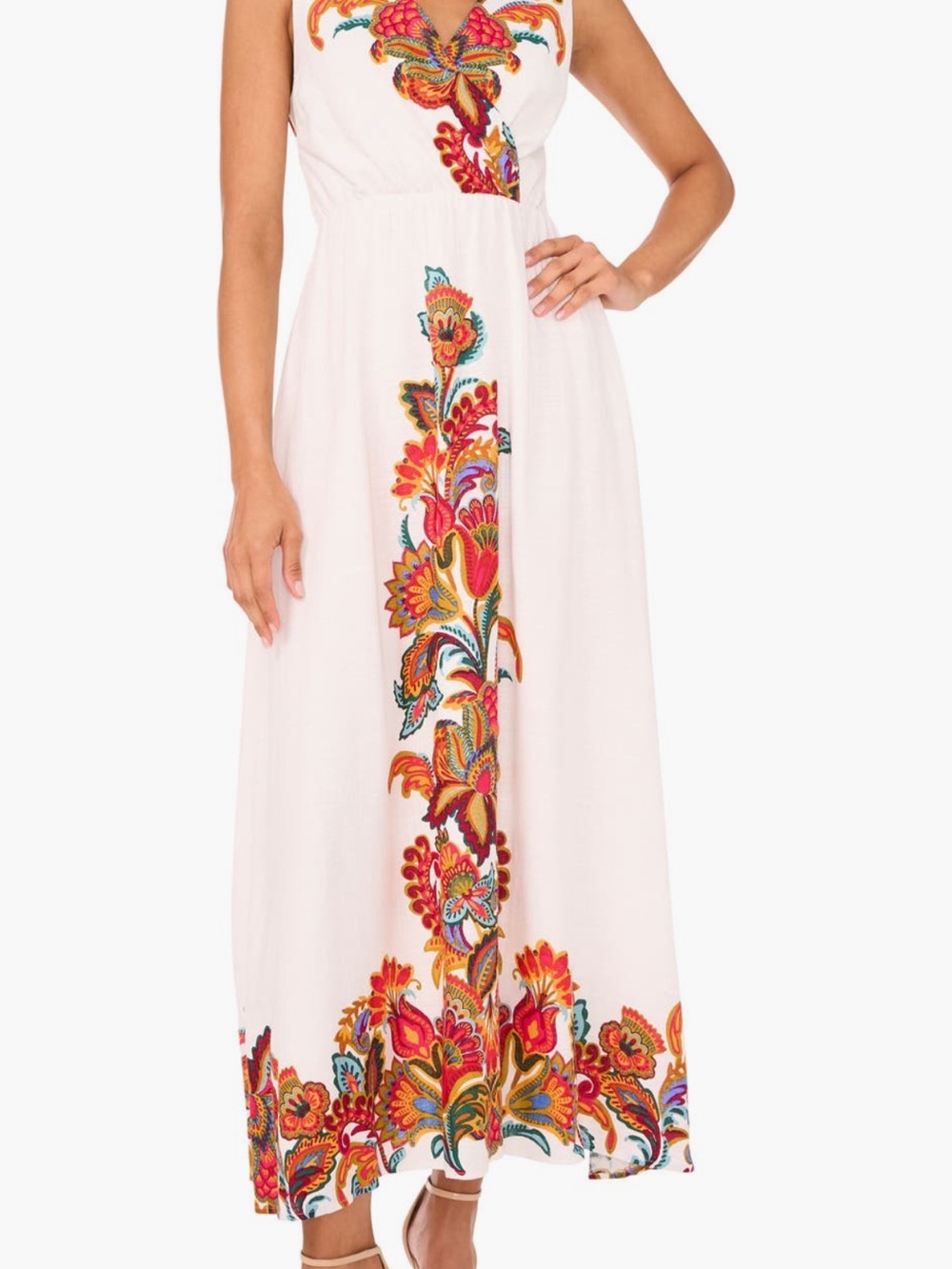 Embroidered White Maxi Dress with Vibrant Floral Trim
